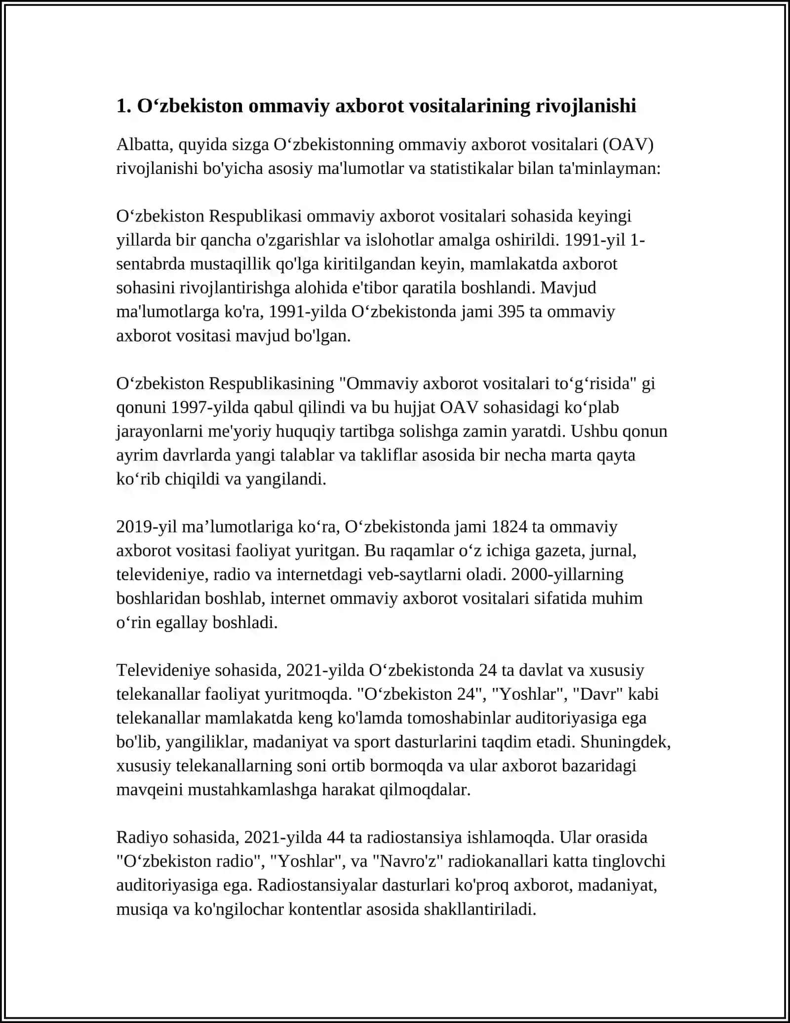 OʻZBEKISTON RESPUBLIKASI OMMAVIY AXBOROT VOSITALARINING FAOLIYATI REFARAT 3