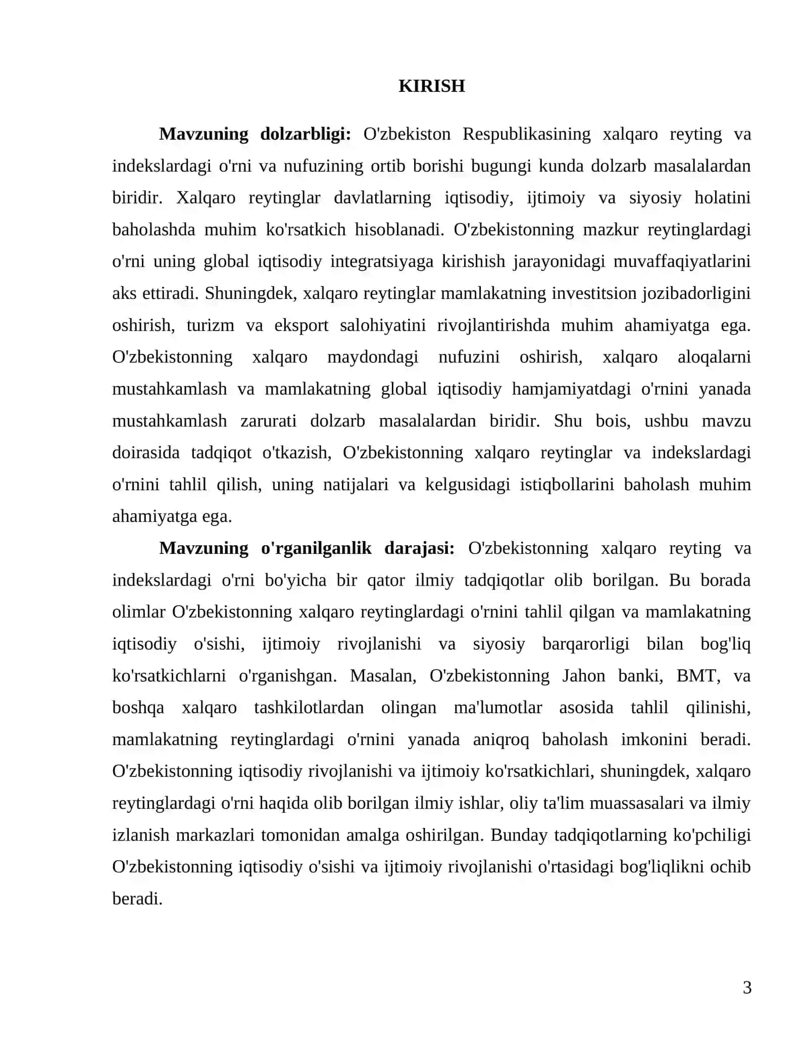KURS ISHI "O'zbekiston Respublikasining xalqaro reyting va indekslardagi o'rni va nufuzining ortib borishi." 3