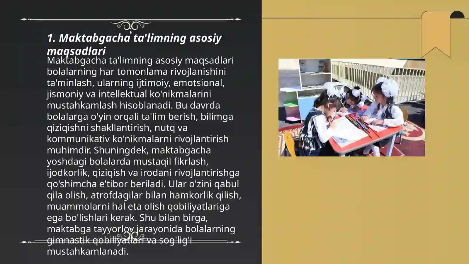 Oʻzbekiston Respublikasida maktabgacha talim va tarbiya toʻğrisidagi qonuni. Maktabgacha talim tashkilotlarida bola huquqlari toʻğrisidagi BMTkanferensiyasidan foydalanish 3