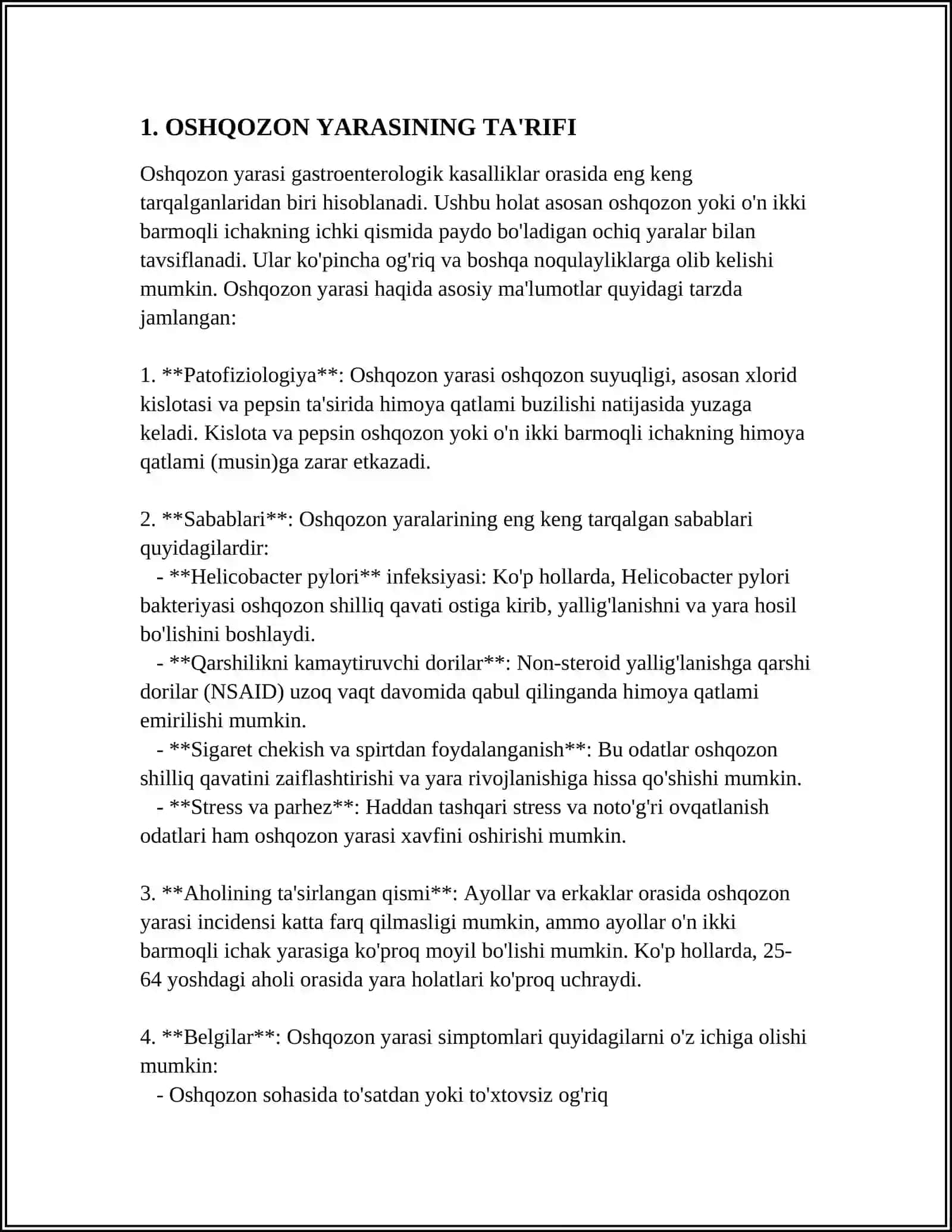 Oshqozon Yarasini Etiyologiya va Patogenezi Referat 3