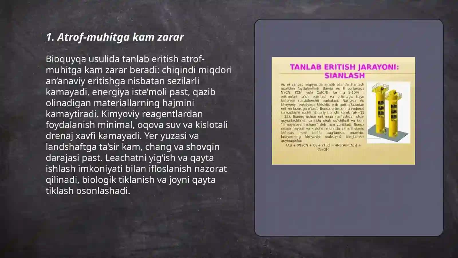 Bioquyqa usulida tanlab eritish (Bioheap leaching)texnologiyasining afzalliklari 3