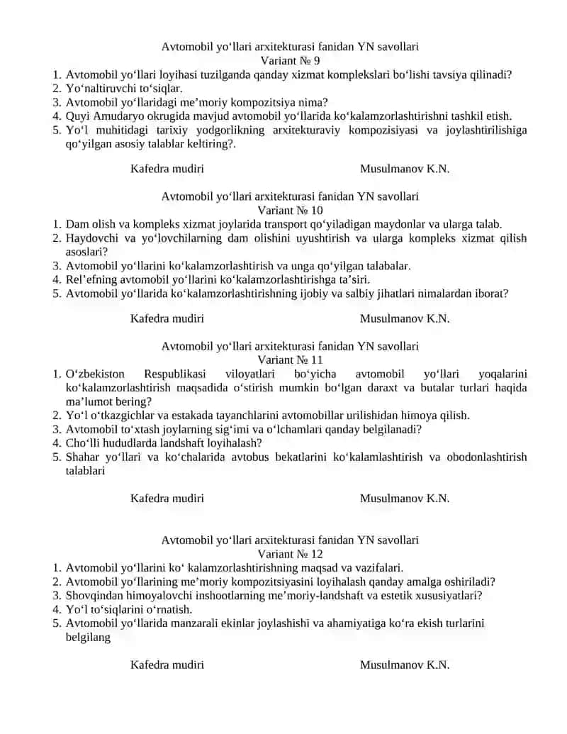 Avtomobil yo‘llari arxitekturasi fanidan YN savollari 3