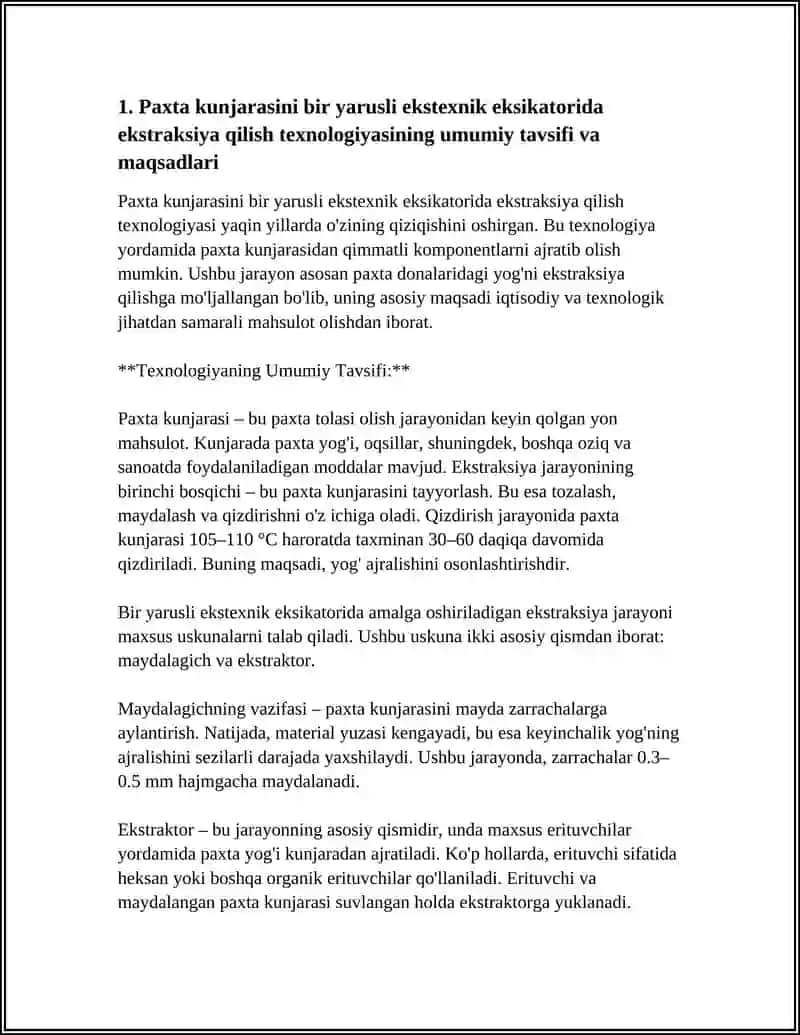 PAXTA KUNJARASINI BIR YARUSLI EKSTEXNIK EKSIKATORIDA EKSTRAKSIYA QILISH TEXNOLOGIYASI 3