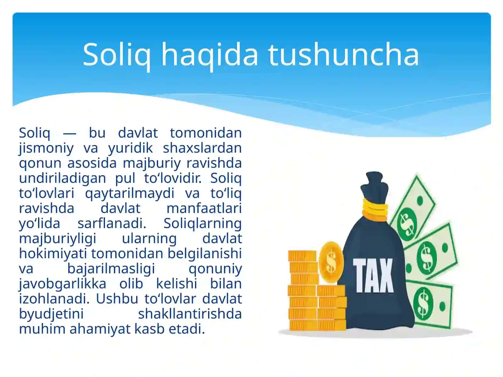 Davlatmoliyasi da soliq- budavlattomonidanjismoniyvayuridikshaxslardanqonunasosidamajburiyravishdaundiriladiganpulto‘lovi 3