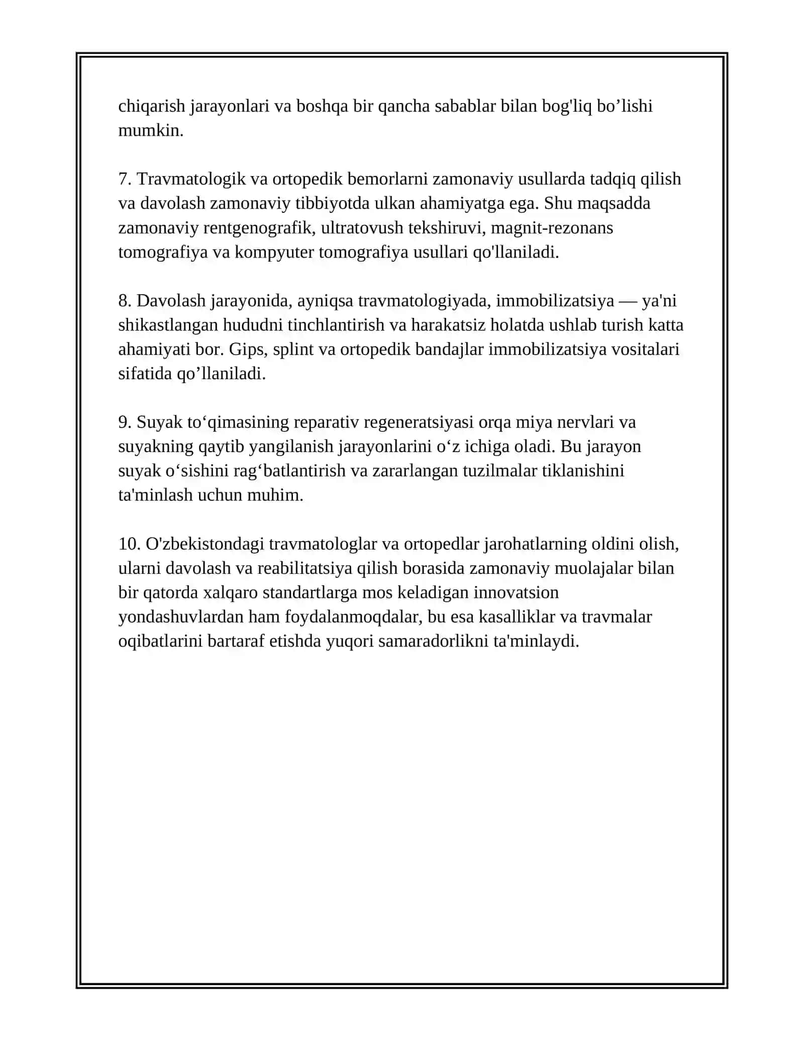 TRAVMATOLOGIYA-ORTOPEDIYA FANIGA KIRISH. FANNING DUNYODA VA O‘ZBEKISTONDAGI TARIXI. TRAVMATIZM, KLASSIFIKATSIYASI VA PROFILAKTIKASI. TRAVMATOLOGIK VA ORTOPEDIK BEMORLARDA ZAMONAVIY TEKSHIRISH VA DAVOLASH PRINSIPLARI 3