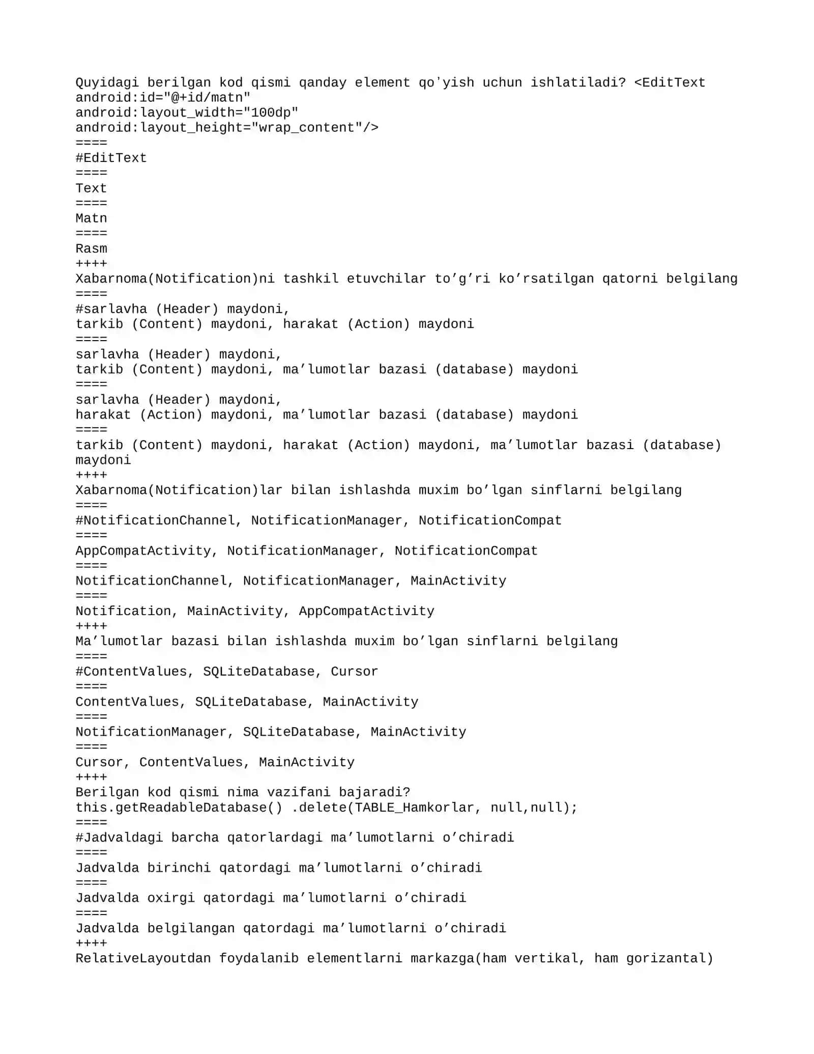 Mobil ilovalar ishlab chiqish fanidan test 3