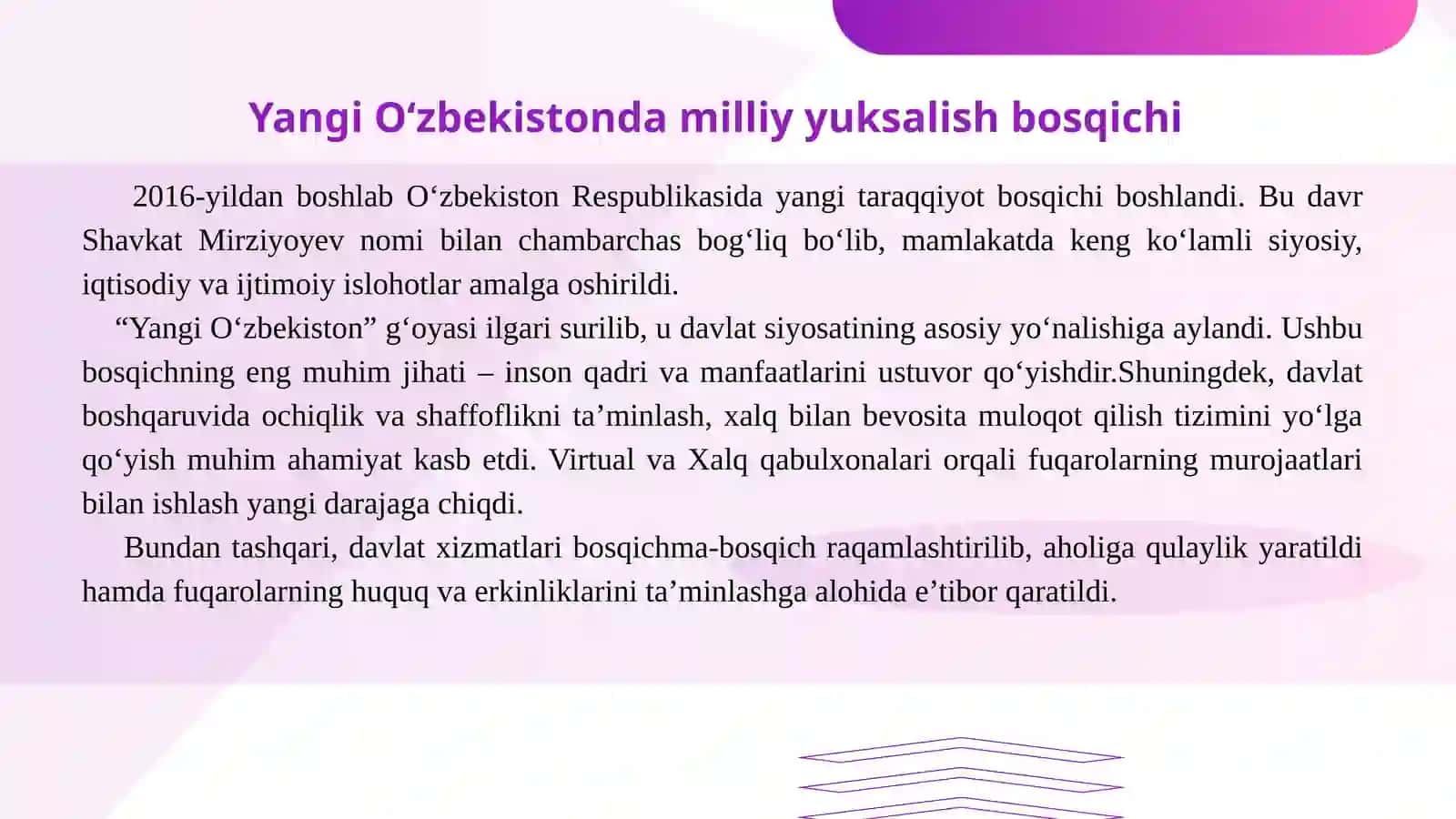 Yangi O‘zbekistonda Prezident Sh.M.Mirziyoyev rahbarligi va tashabbusi ostida amalga oshirilayotgan islohotlar 3