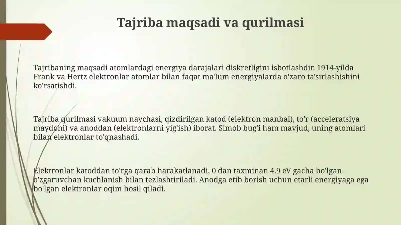 Frank va Gerts tajribalari atom sistemalari energetik pogonalarning diskretligi 3