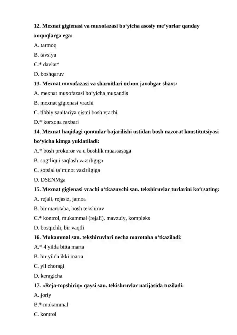 Mehnat gigienasi fanidan test savollari, javoblari bilan 3