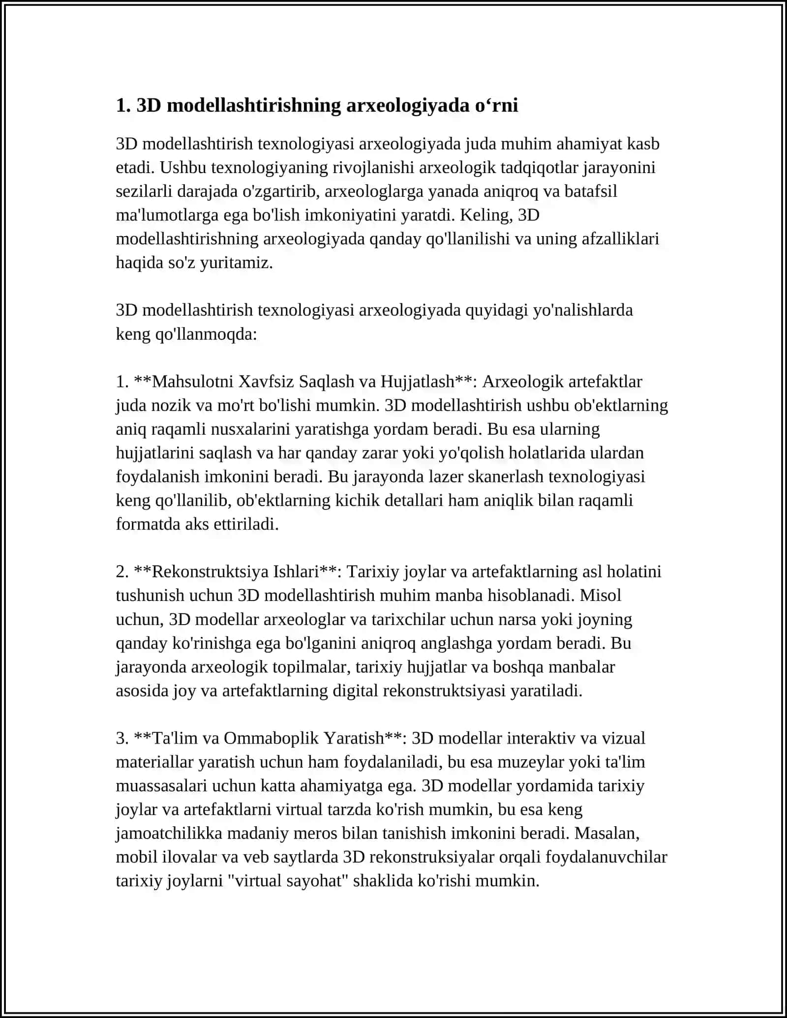 ARXEOLOGIYADA 3D MODELLASHTIRISH VA TADQIQOT USULLARI 3