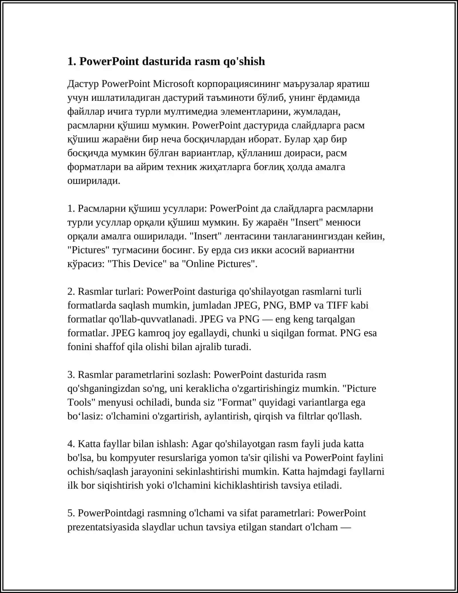 POVER POINT DASTURIDA RASMLAR JADVALLAR VA DIAGRAMMALAR BILAN ISHLASH 3