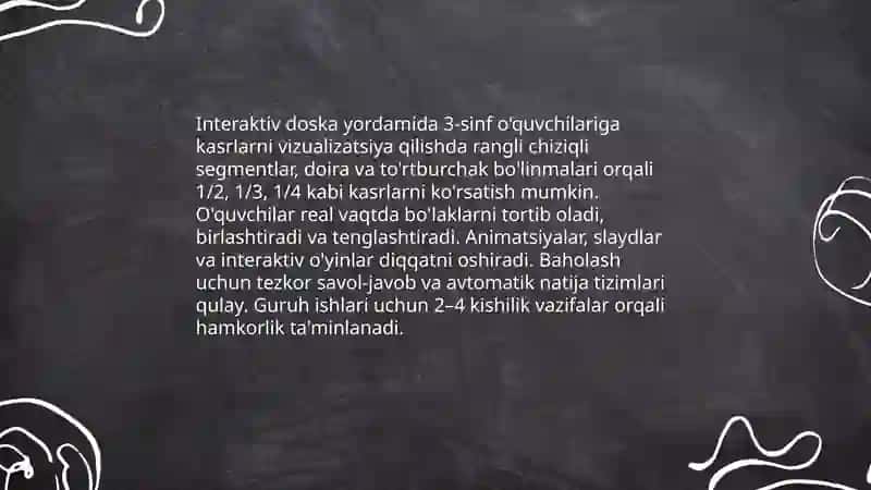 Boshlang'ich sinf o'quvchilariga kasrlarni o'rgatishda innovation texnologiyalardan foydalanish 3-sinf misoloda 3
