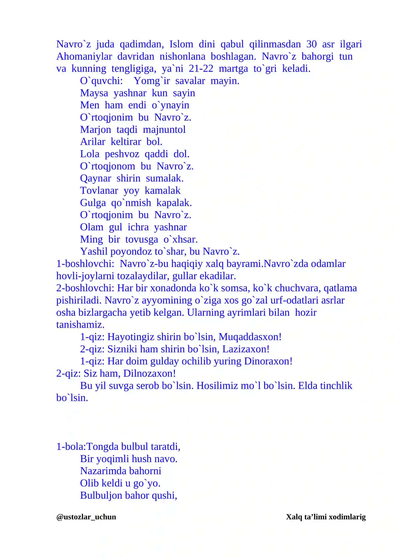 Navro`z-bahor bayrami. (tadbir senariysi) 3
