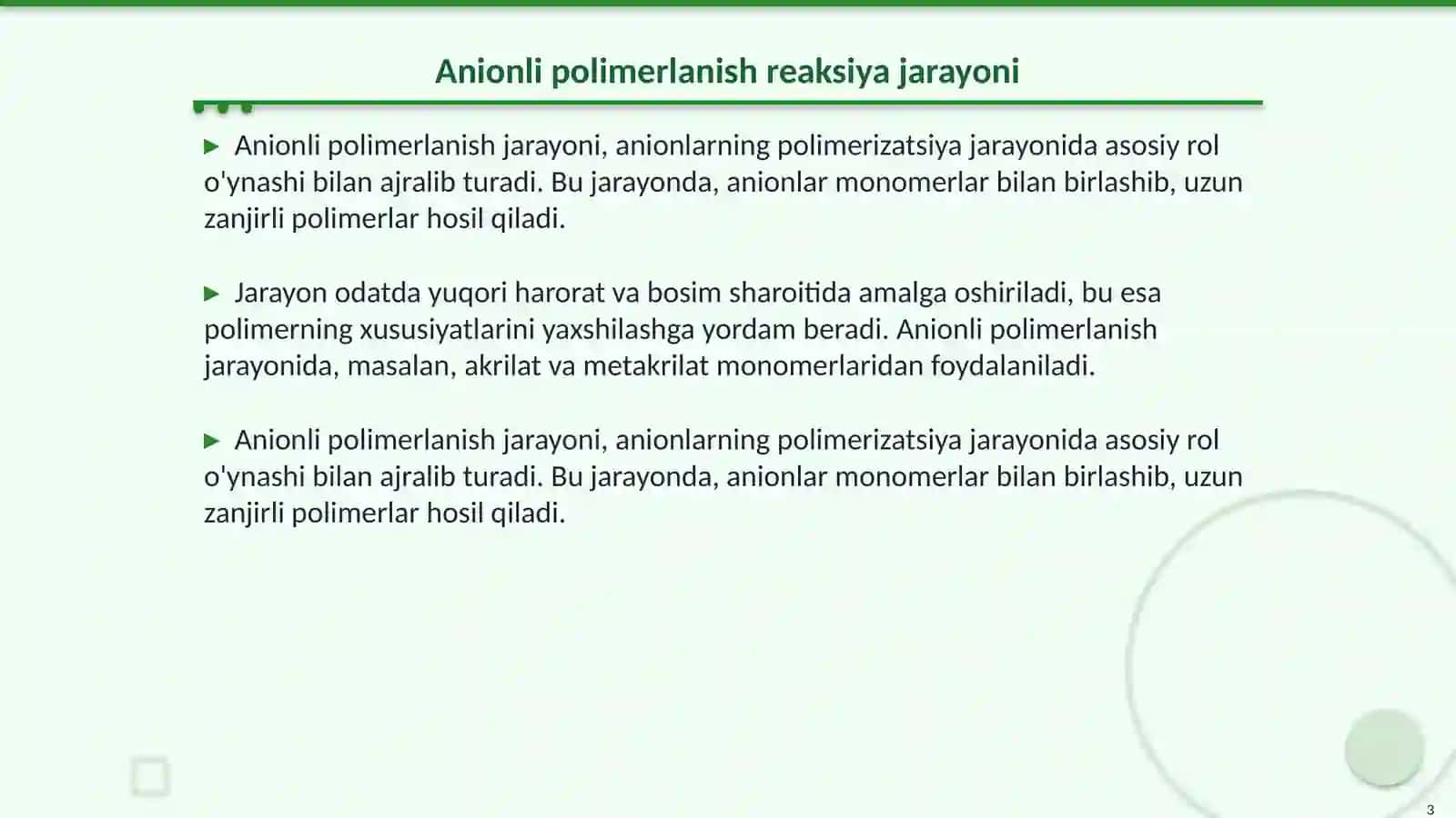 Anionli polimerlanish reaksiyasi va ularning o‘zigахоs хususiyatlari 3