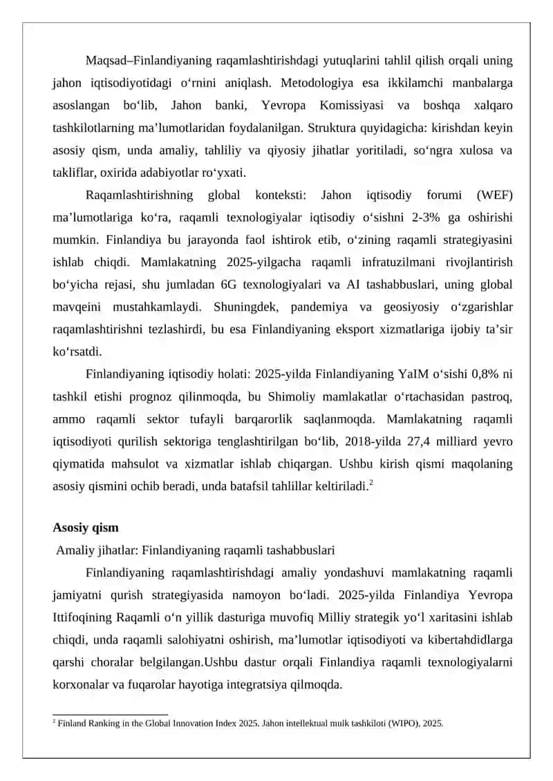 Raqamlashtirish sharoitida Finlandiya mamlakatining jahon iqtisodiyotida tutgan o‘rni 3