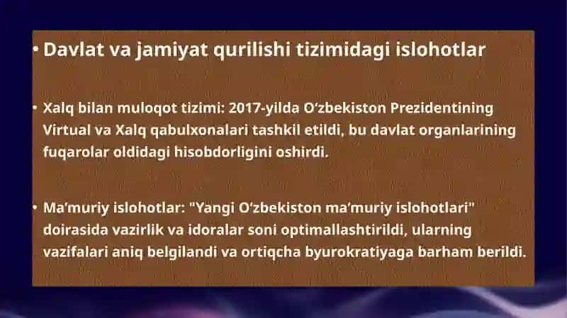 SH.M.Mirziyoyivning 2017- yildan xozzirgi kungacha O`zbekiston Respublikasida amalga oshirilgan islohatlar 3