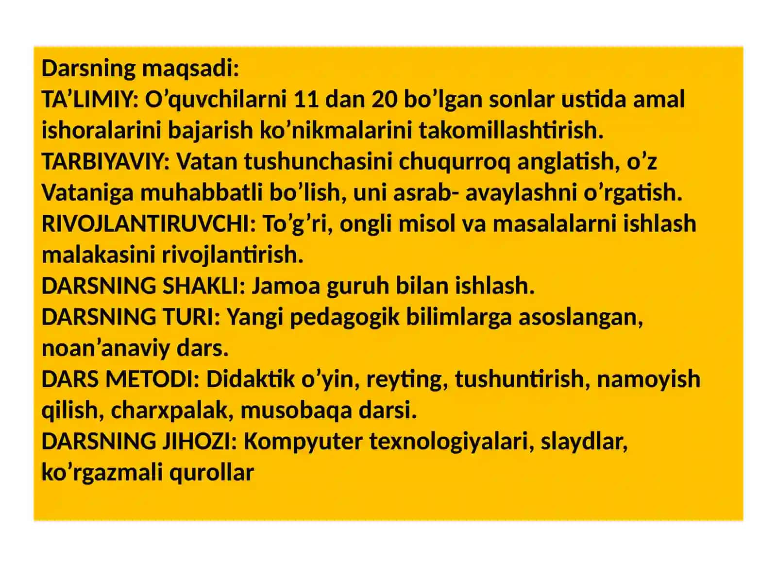 1-sinf matematikadarslarida “11 dan 20 gacha bo’lgan sonlar” mavzusini o’rgatish 3