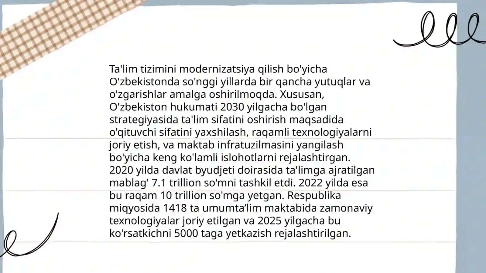 Oʻzbekiston Respublikasida taʼlim soxasidagi amalga oshirilgan isloxotlar 3
