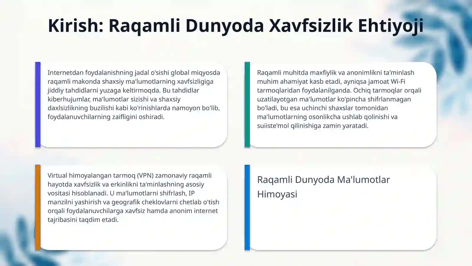 Virtual himoyalangan tarmoq va undan amaliyotda foydalanish (masalan, CyberGhost yoki ExpressVPN misolida). 3