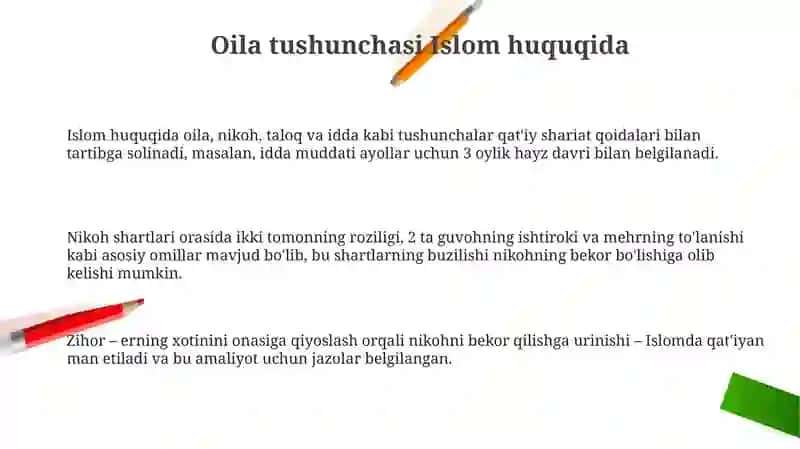 Islom huquqshunosligida oila, nikoh, taloq, idda, zihor tushunchalarini taʼriflash 3