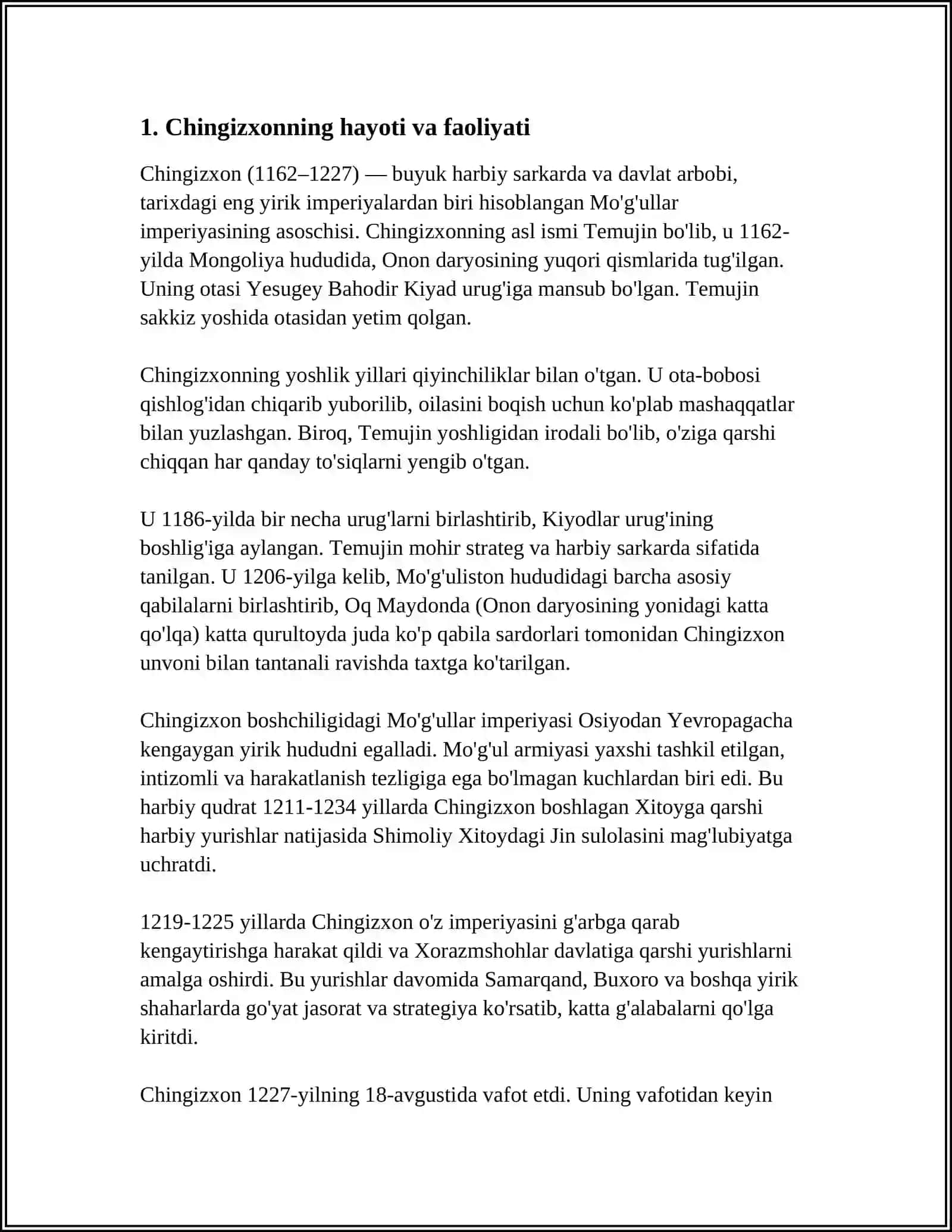 OʻRTA OSIYONING CHINGIZXON TOMONIDAN BOSIB OLINISHI 3