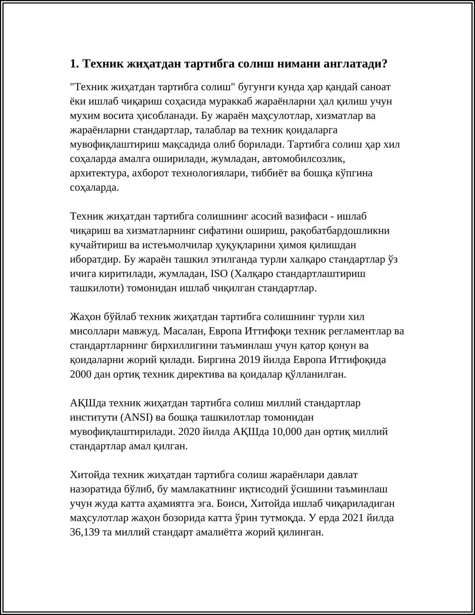 MUSTAQIL ISH Mavzu: TEXNIK JIHATDAN TARTIBGA SOLISH DAVLAT TIZIMI ASOSLARI 3
