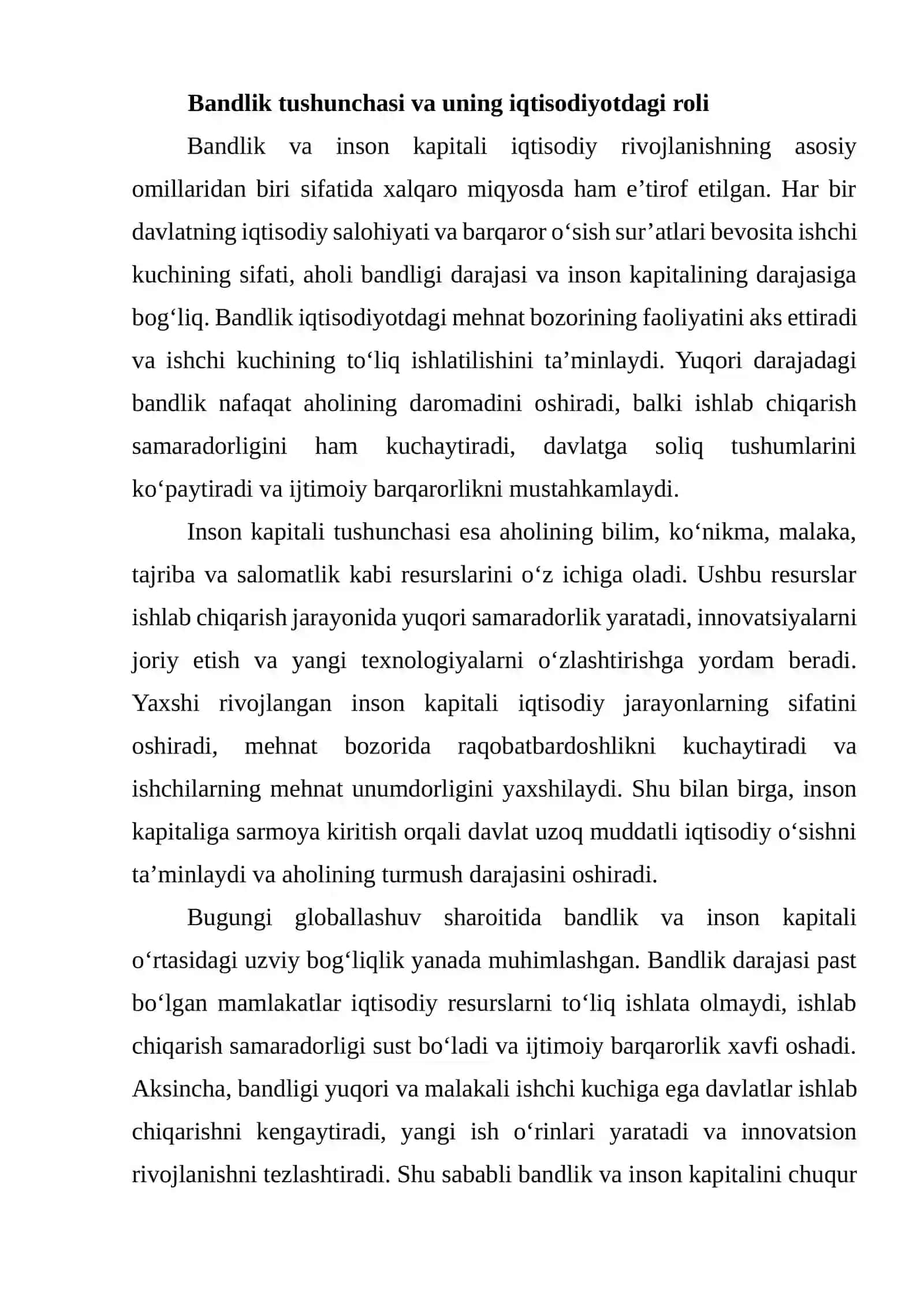 Bandlik darajasi va ishsizlik iqtisodiy farovonlikka ta’sir qiluvchi muhim ko‘rsatkichlardir 3