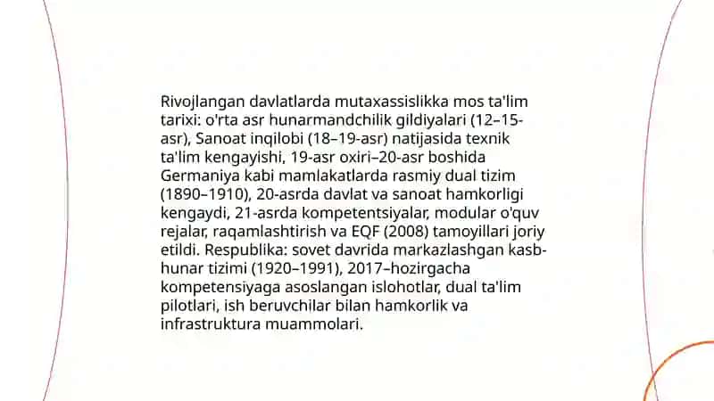 rivojlangan davlatlarning mutaxassislikka mos ta'lim tizimini o'rganish hamda respublikada mavjud ta'lim tizimini taqqoslash 3