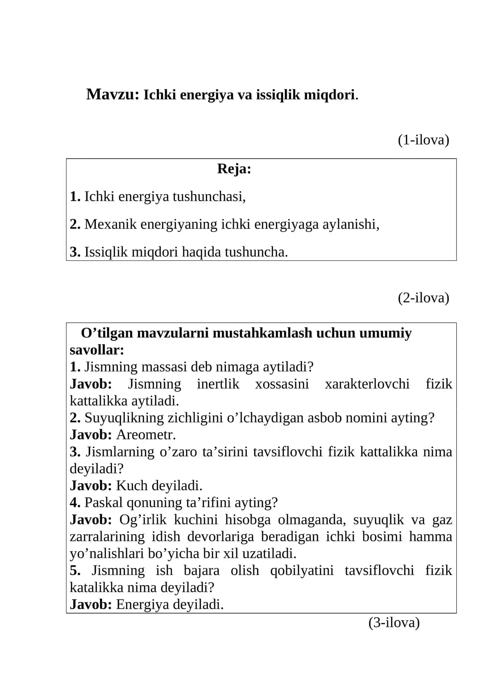 Ichki energiya va issiqlik miqdori mavzusida tayyor dars ishlanmasi. 3