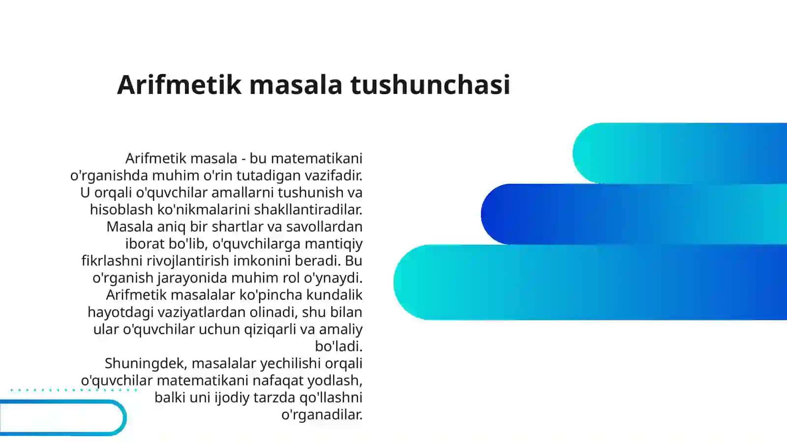 ARIFMETIK MASALALAR YECHISHGA OʻRGATISH METODIKASI.MASALA VA UNING TARKIBI.1-2-SINFLAR MISOLIDA 3