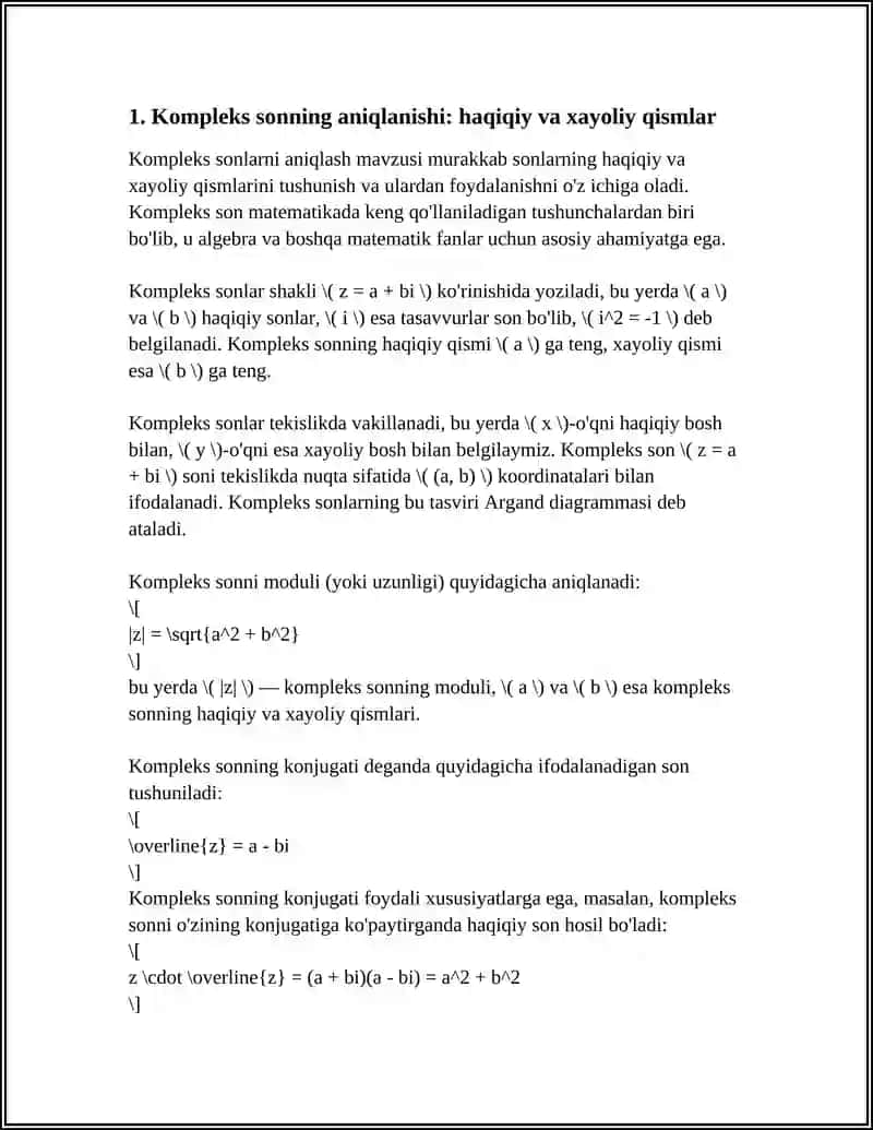KOMPLEKS SONLARNING ALGEBRAIK,TRIGONOMETRIK VA KO'RSATKICHLI SHAKLLARI.KOMPLEKS SONLARNI QO'SHISH VA AYIRISH,KO'PAYTIRISH VA BO'LISH 3