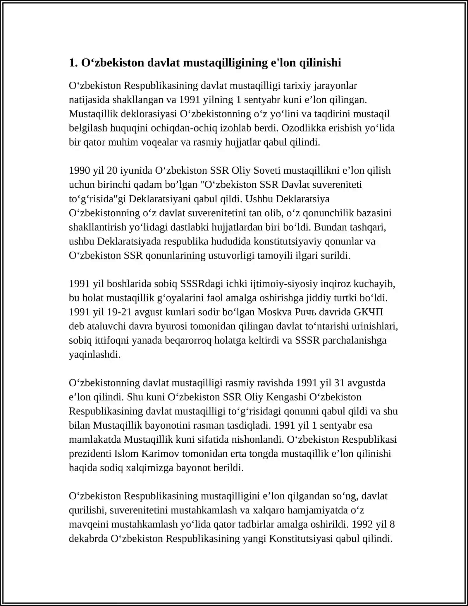 MUSTAQIL ISH Mavzu: O‘ZBEKISTONDA DAVLAT MUSTAQILLIGI TO‘G‘RISIDAGI DEKLARATSIYANING QABUL QILINISHI VA UNING TARIXIY AHAMIYAT 3
