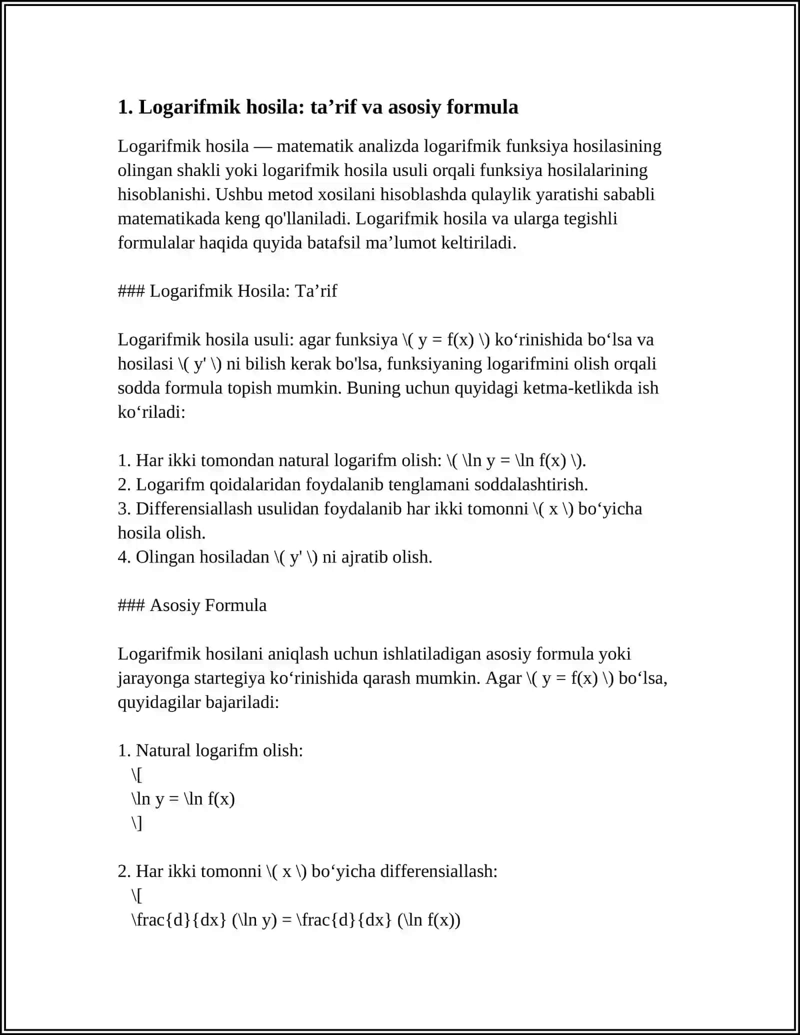 Logarifmik Hosila Usuli 3