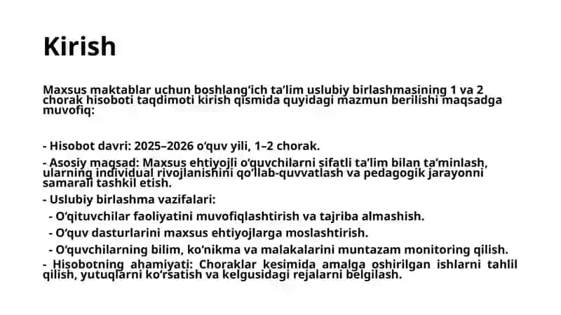 Maxsus maktablar uchun boshlang‘ich ta’lim uslubiy birlashmasining 1 va 2 chorak hisoboti 3