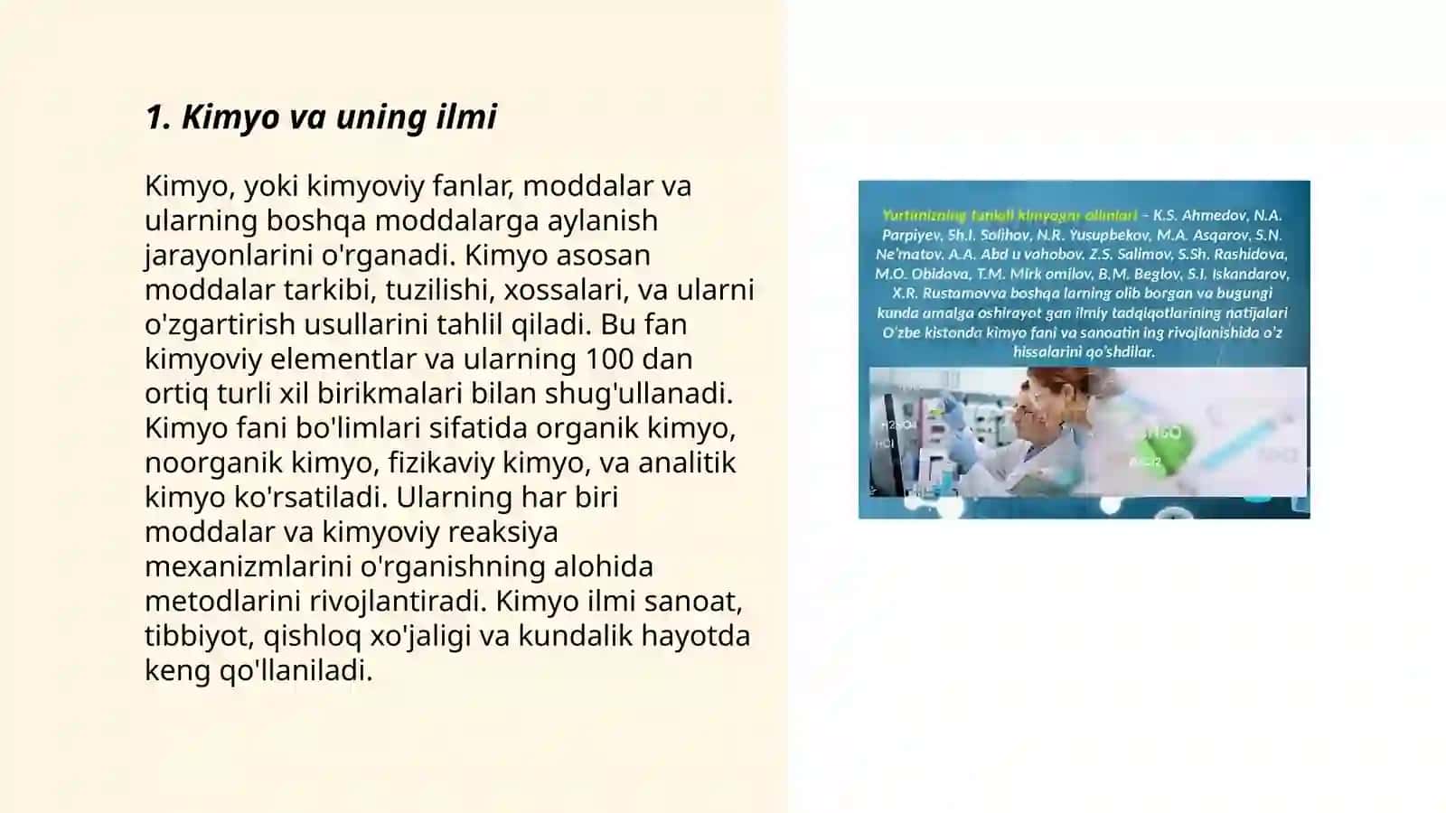 Taʼlim bosqichlarida oʻqitiladigan kimyo fanlarining nazariy va amaliy konseptsiyalar. Kimyo taʼlimining dasturi va darsliklari 3