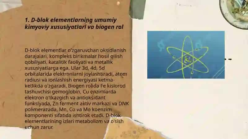 Biogen elementlar kimyosi.d- elementlarni organizmdagi ahamiyati,birikmalarini tibbiyotda ishlatilishi 3