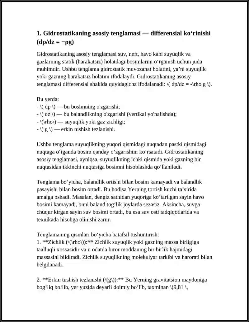 GIDRASTATIKANING ASOSIY TENGLAMASI TENGLAMANING ASOSIY NATIJASI 3