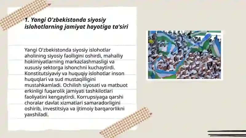 Yangi O'zbekiston ijtimoiy-siyosiy, iqtisodiy va madaniy hayotida ro'y berayotgan o'zgarishlarning aks etishi 3