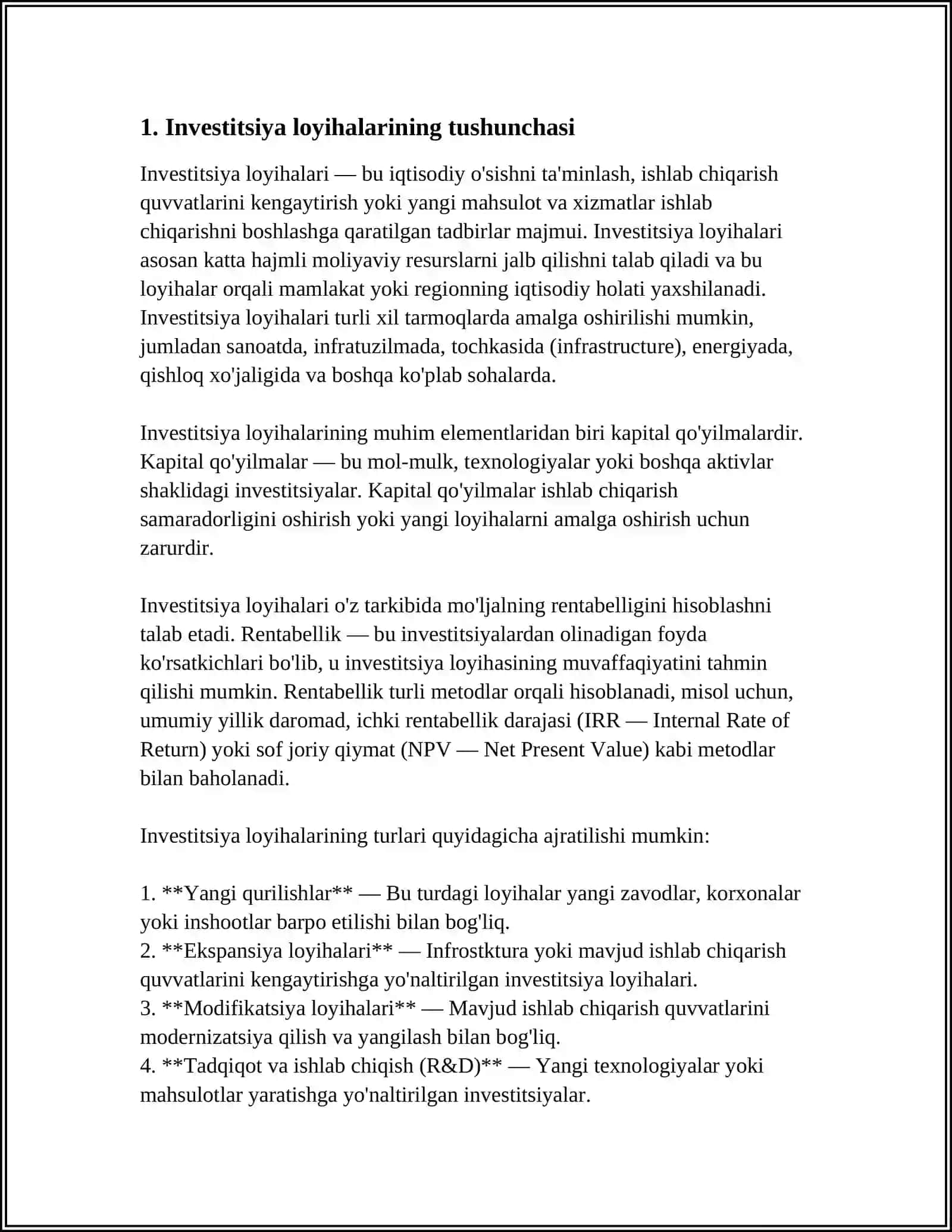 INVESTITSIYA LOYIHALARINING MOLIYAVIY VA IQTISODIY SAMARADORLIGINI BAHOLASHNING MAZMUNI VA MOHIYATI 3