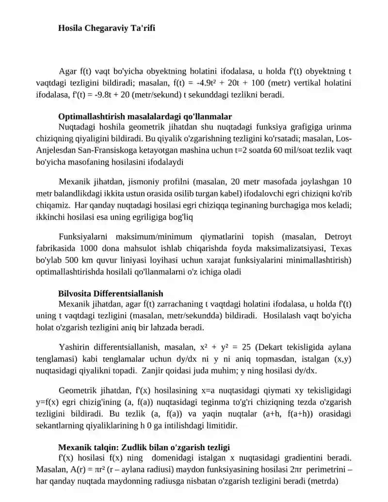 Funksiya hosilasi uning geometrik va mexanik manolari 3
