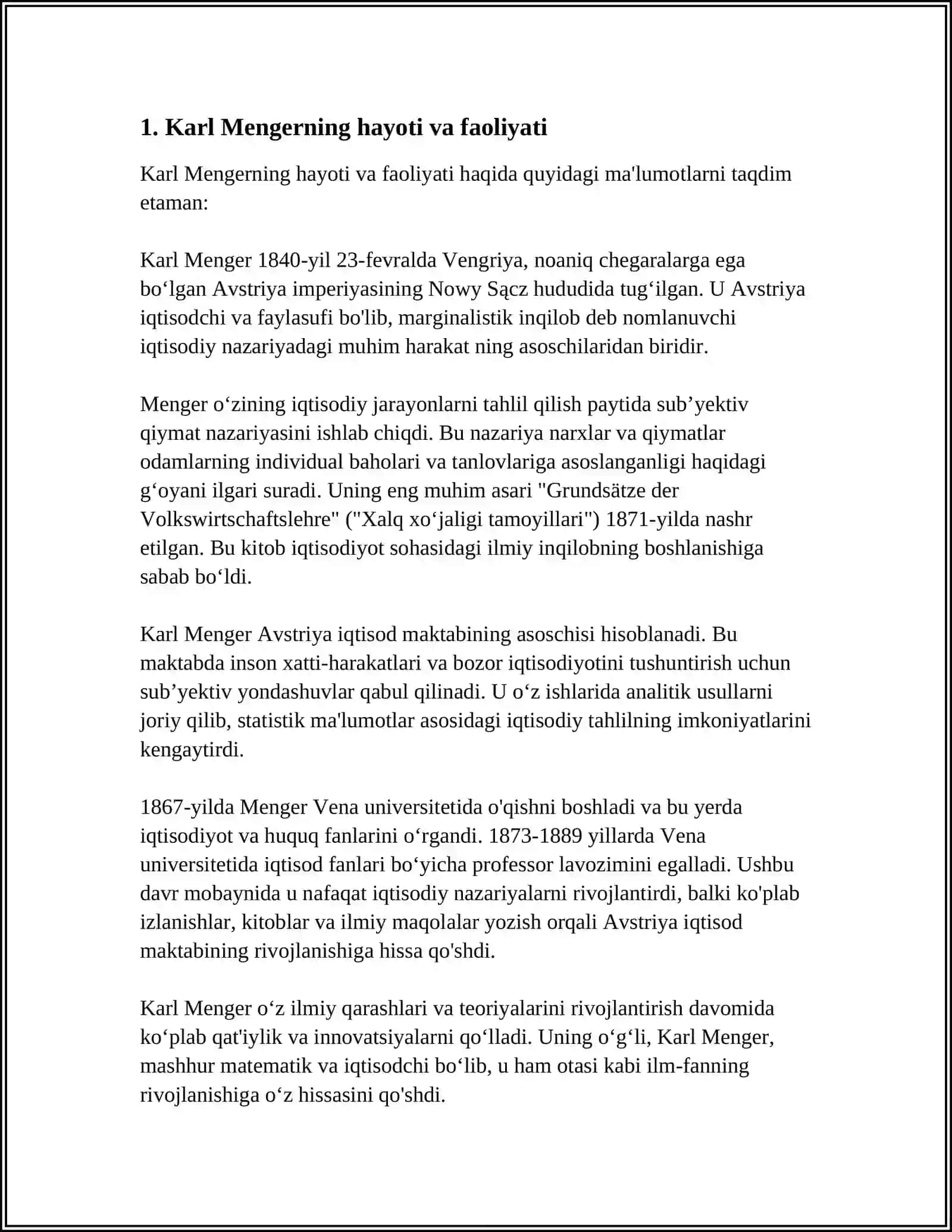 MARJINALIZM RIVOJLANISHIGA KARL MENGERNING TAVSIFI 3