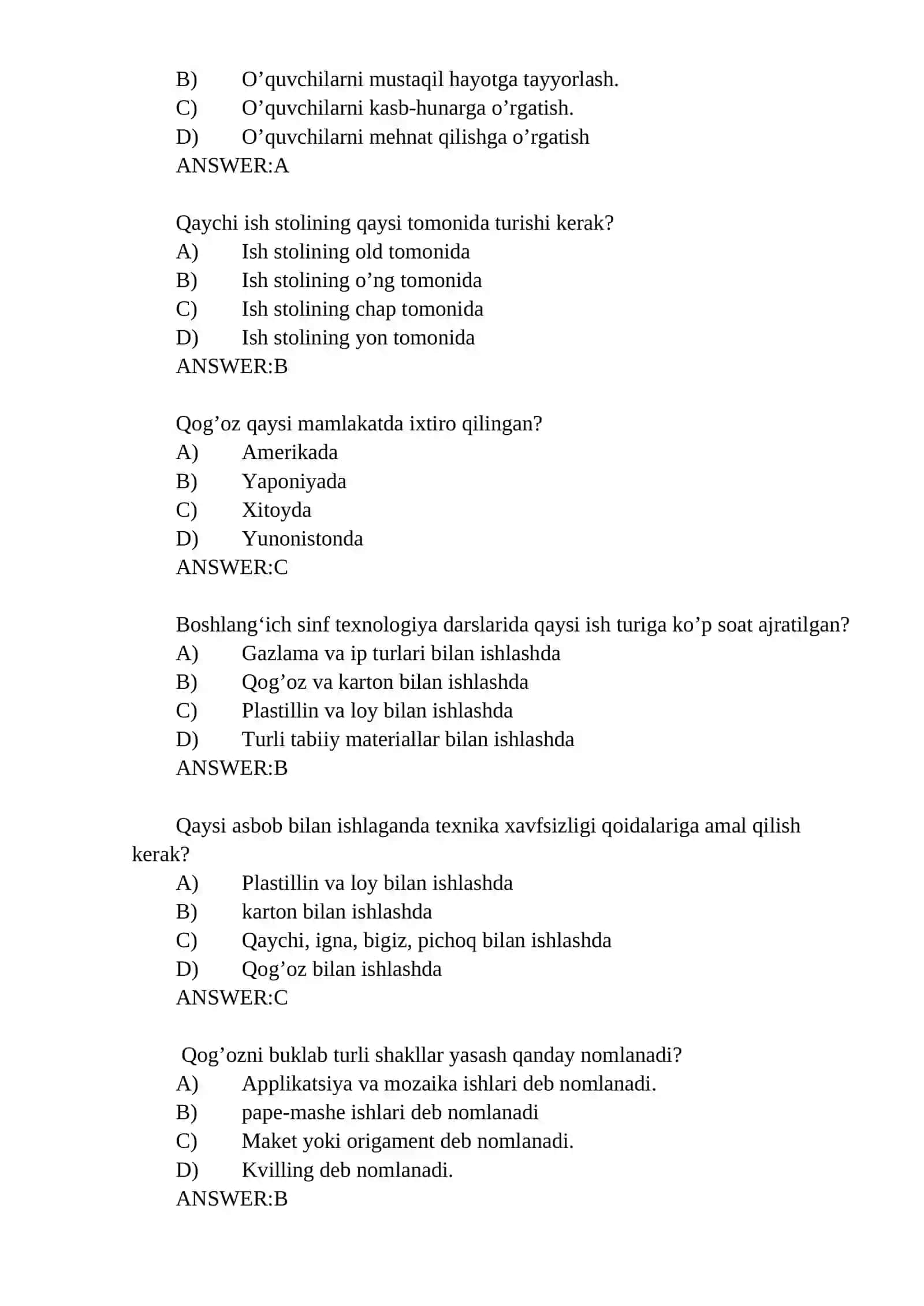 Texnologiya va uni o’qitish metodikasi fanidan YADAK test savollari 3