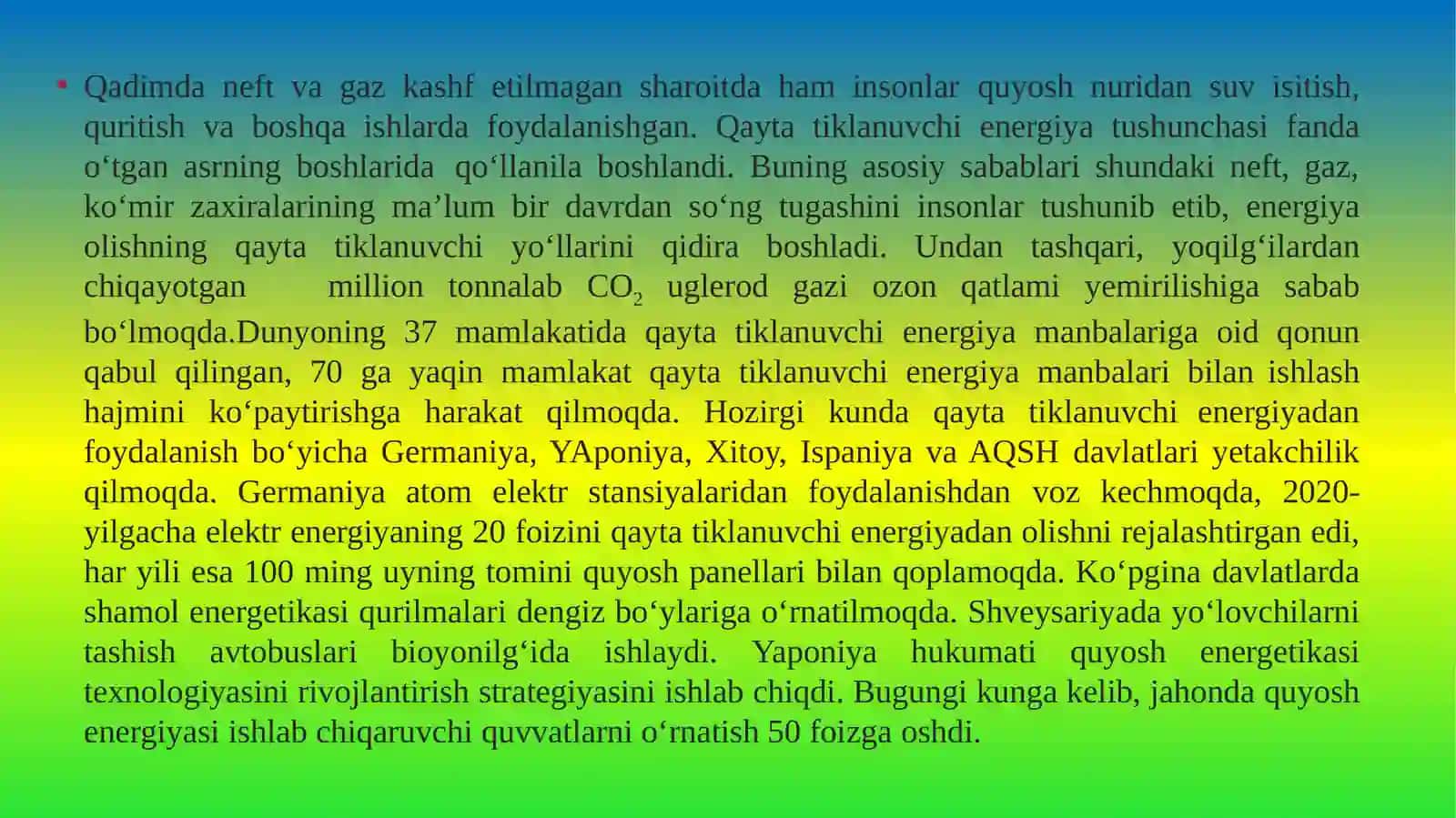Dunyo davlatlari muqobil energiyadan foydalanishga o'tish 3