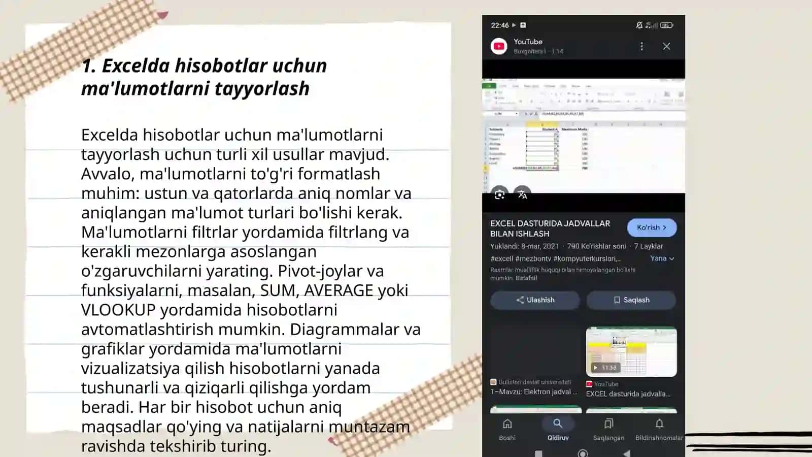 Slayd Excel dasturida turli hisobotlar tayyorlash 3