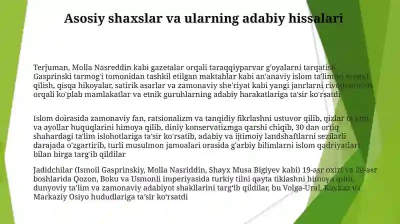 Jadid adabiyoti namoyandalari ning madaniyati, ma'rifat adabiyotga oid fikri 3