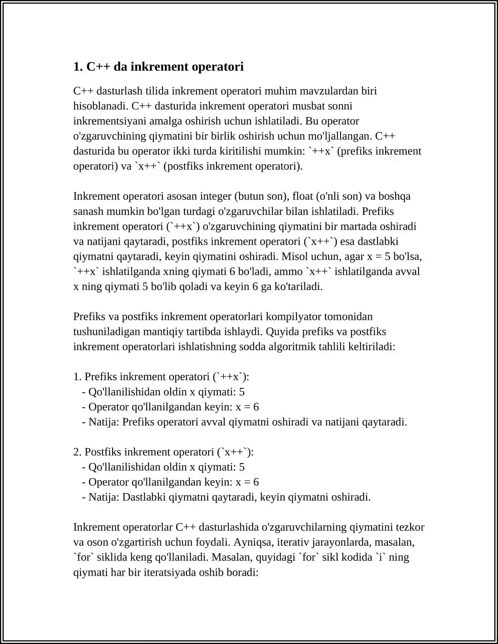 C++ TILIDA OPERATSIYALAR.INKEMENT VA DECREMENT AMALLARI MAVZUSI 3
