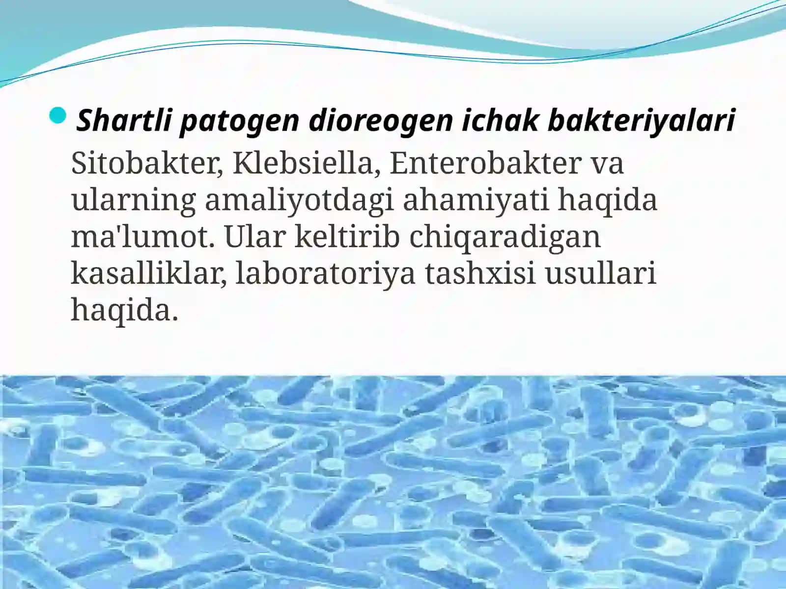 Shartli patogen dioreogen ichak gruppa bakteriyalari: Sitobakter, Klebsiella, Enterobakter vа ularning amaliyotdagi ahamiyati. Ularkeltirib chiqaradigan kasalliklar, laborator tashxisi 3
