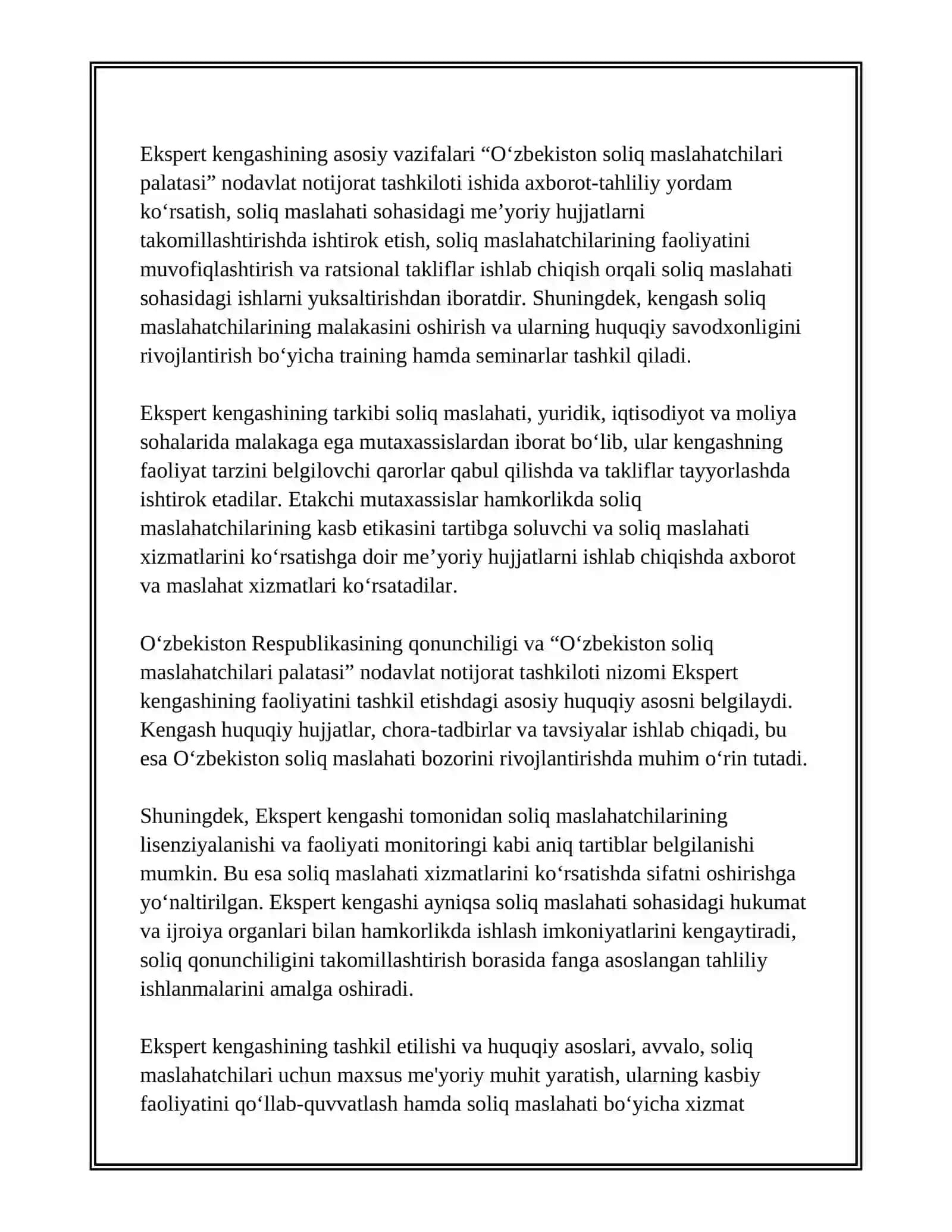 O‘ZBEKISTON SOLIQ MASLAHATCHILARI PALATASI NNT HUZURIDAGI EKSPERT KENGASHINING ASOSIY VAZIFALARI VA FUNKTSIYALARI 3