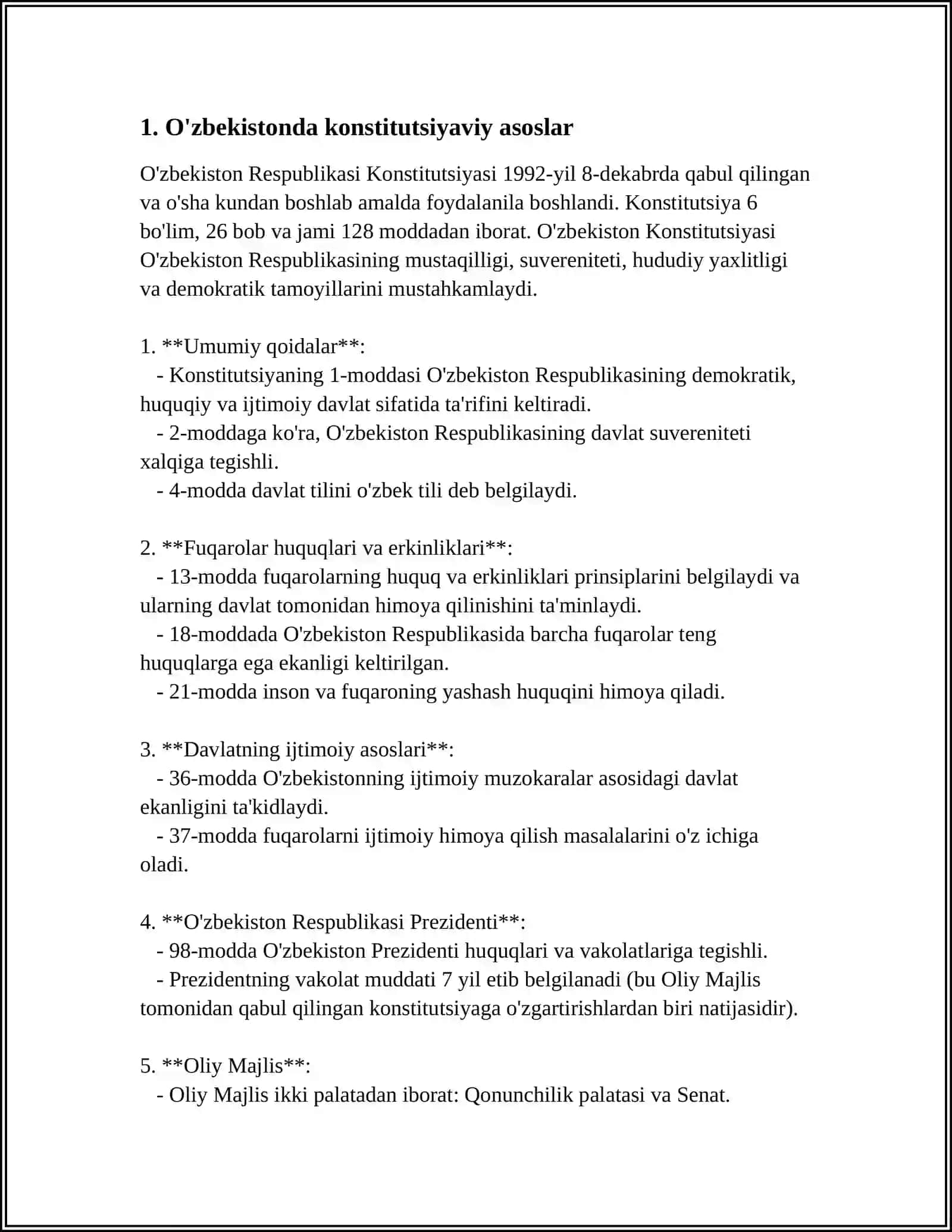 MUSTAQIL ISH Mavzu: ÕZBEKISTONDA INSON HUQUQ VA ERKINLIKLARI TAMINLASHNING KONSTITUTSIYAVIY ASOSLARI 3