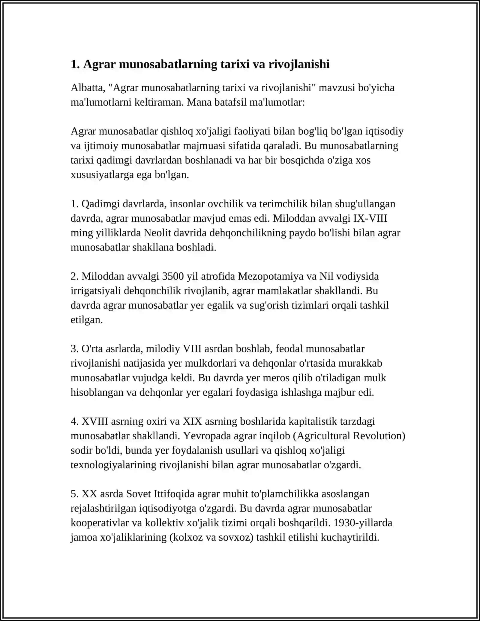 MUSTAQIL ISH Mavzu: "AGRAR MUNOSABATLAR VA ULARNI BOZOR TIZIMIDAGI XUSUSIYATLARI" 3